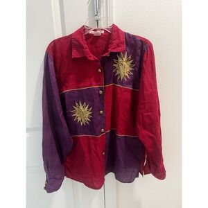 Vtg Jerri Sherman Women's Colorblock Blouse Gold Sun Face Embroidered Linen 12